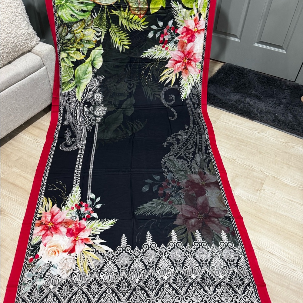 Elegant Black Floral Dupatta with Red Border